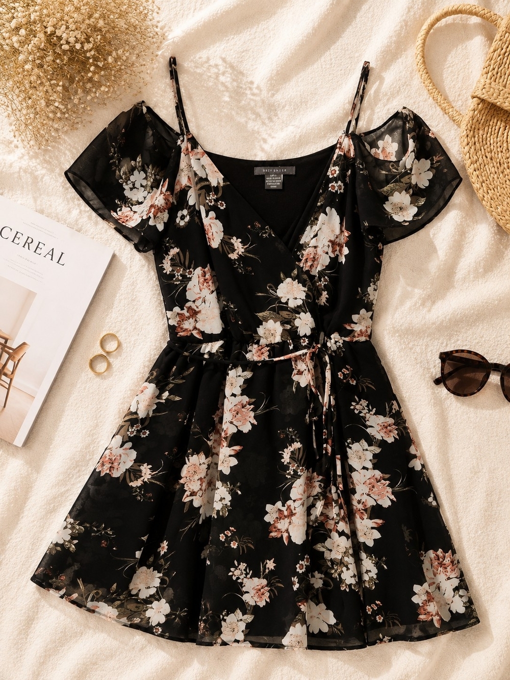 Floral Cold-Shoulder Wrap Dress - Black